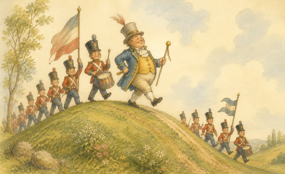 a storybook duke leading ceremonial soldiers up and down a green hill
