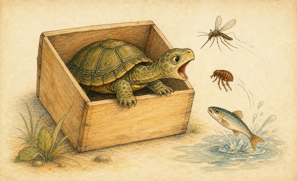 a little turtle in a box snapping at a mosquito, a flea and a minnow