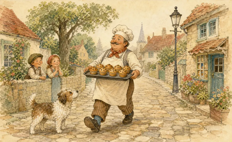 a muffin man with a tray walking a cobbled lane