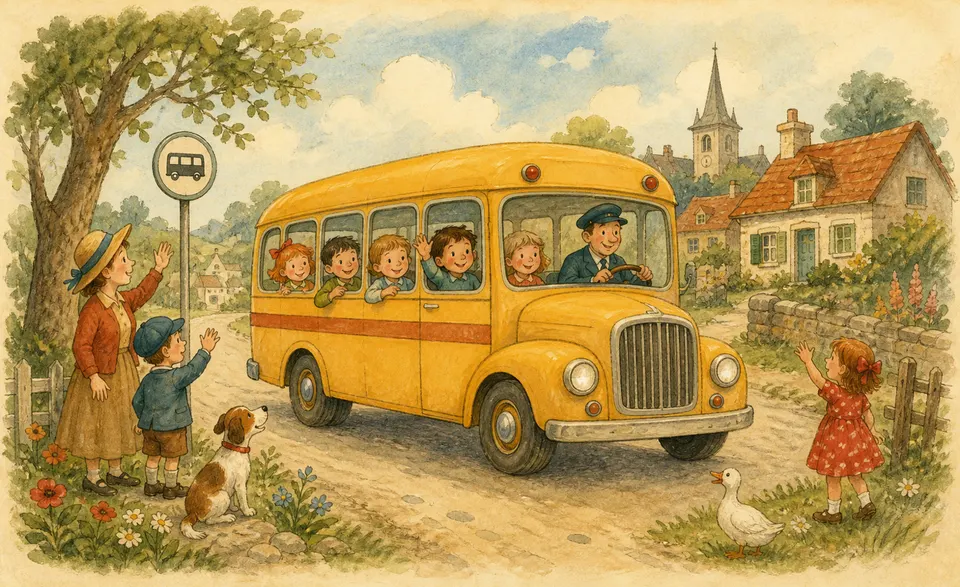 a cheerful bus rolling down the road