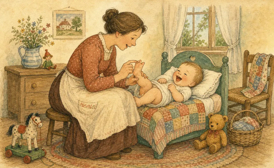 a grown-up counting a laughing baby’s toes