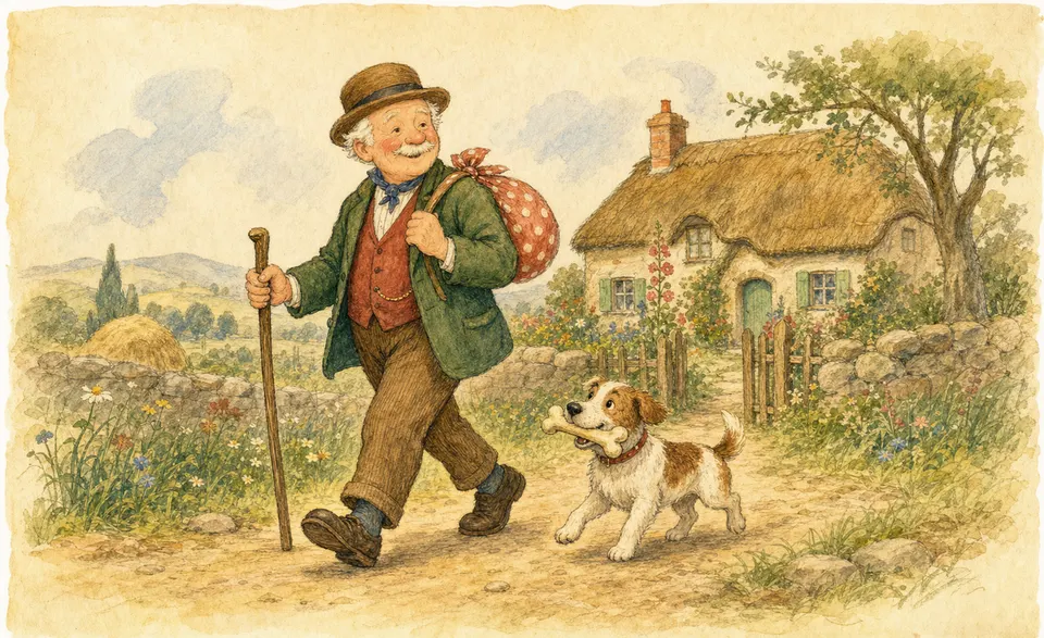 a cheerful old man walking home, a dog with a bone at his heel
