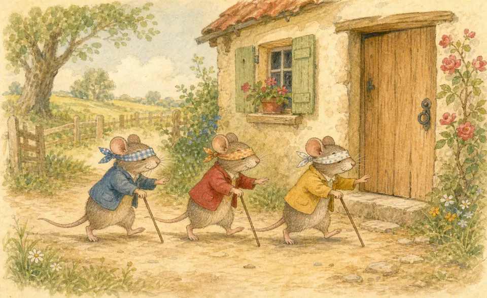 three little mice scurrying past a farmhouse door