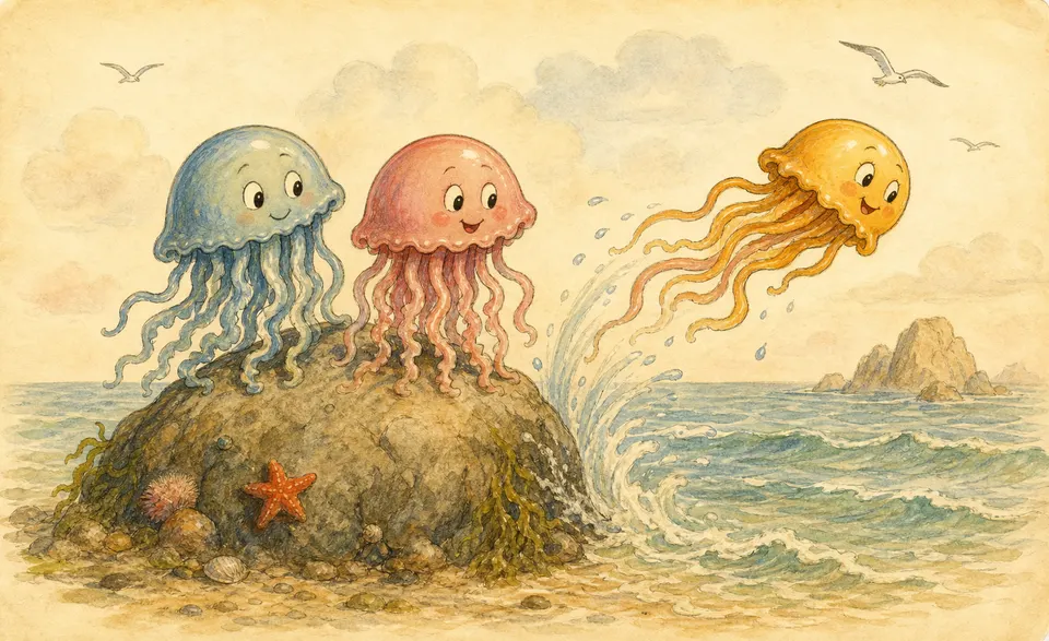 wobbly jellyfish on a rock, one splashing off into the sea