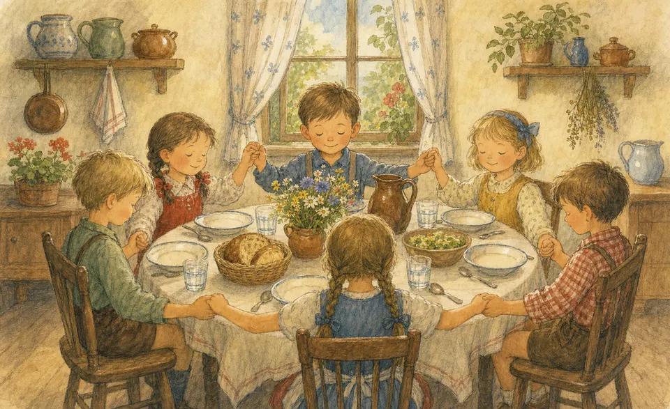 children at a table holding hands before their meal