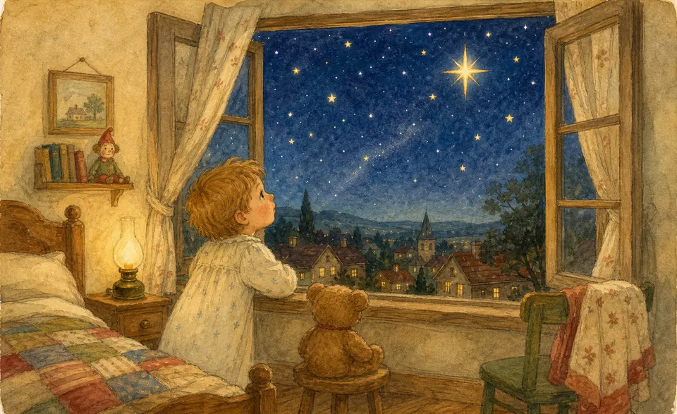 a child at a window beneath a sky full of stars