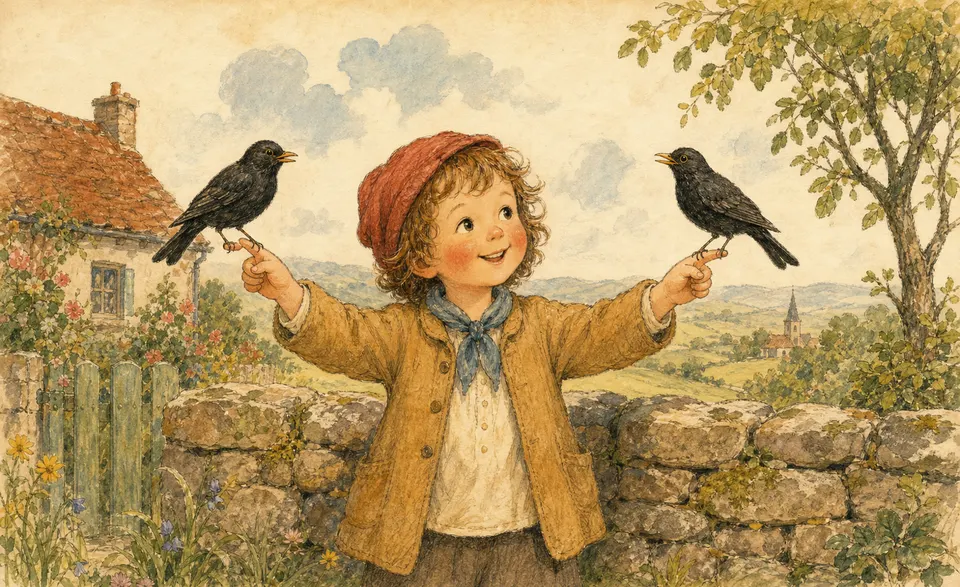two little birds on a wall, one on each of a child’s pointing fingers