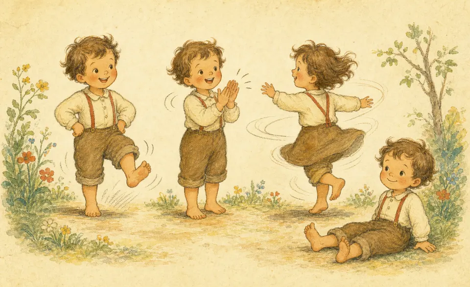 a child stamping feet and clapping hands, then spinning and sitting down