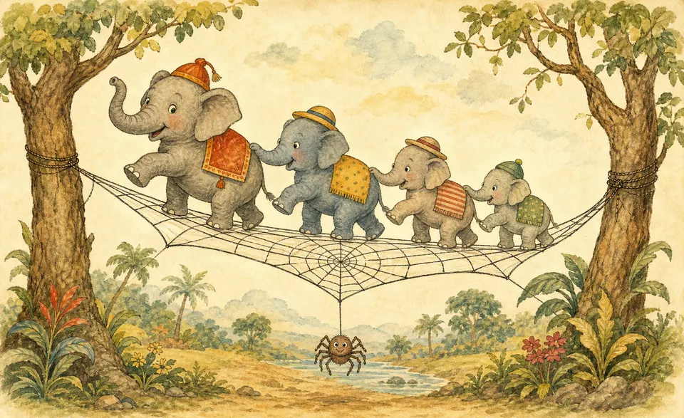elephants balancing one by one on a spider's web