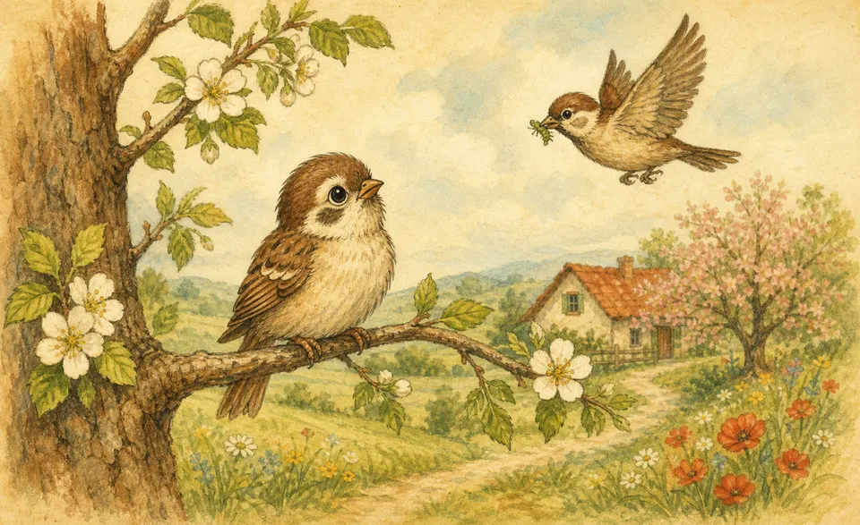 a little sparrow huddled alone on a branch, waiting for its mother