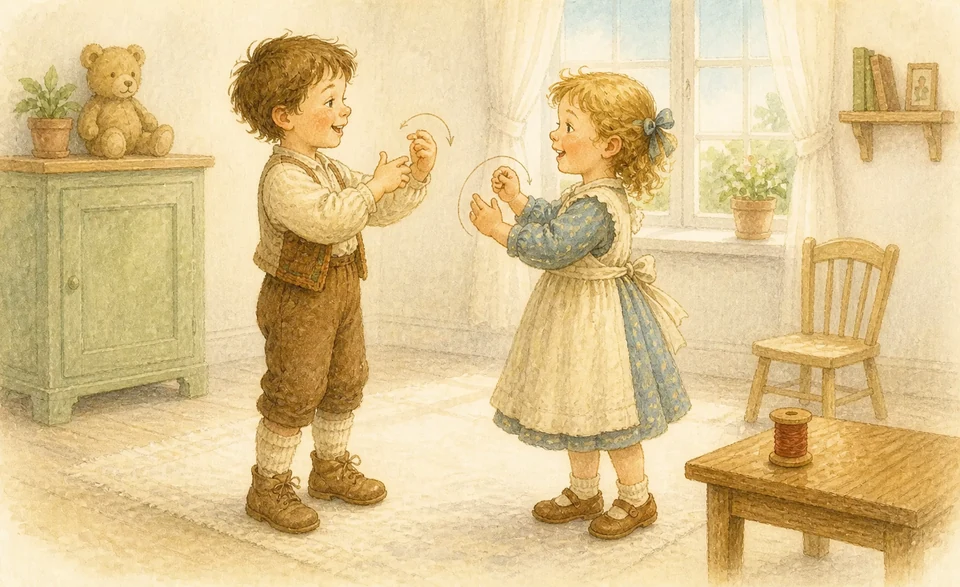 Two children circling their hands like a bobbin during an action rhyme