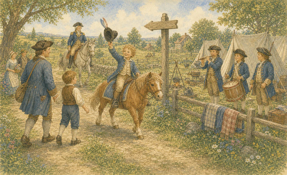 A smiling child riding a pony while two musicians play fife and drum nearby