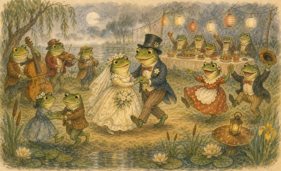 frogs from the ponds dancing at a wedding feast under the evening mist