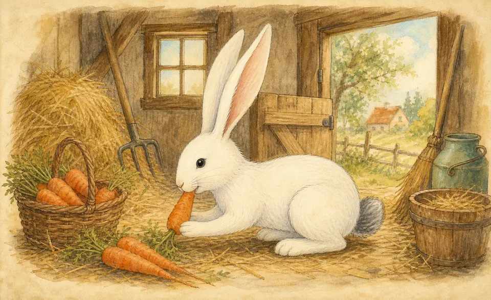 a white long-eared rabbit with grey tail nibbling carrot in a barn