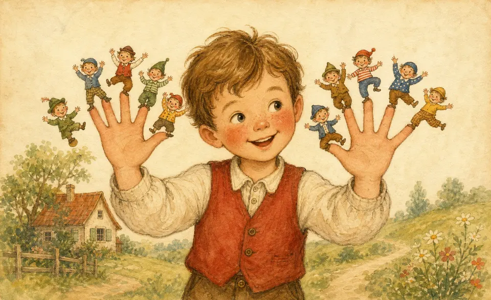 a child holding up ten wiggling fingers as little dancing men