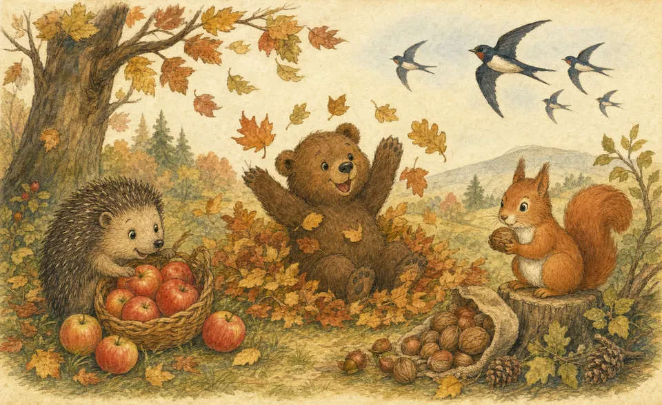 a hedgehog with apples, a bear in leaves, a squirrel with nuts, swallows flying south