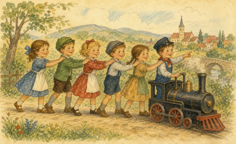 children lined up like a chugging train, hands on shoulders