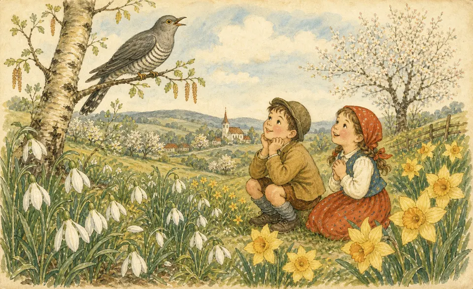 a spring meadow of snowdrops and daffodils, a cuckoo calling